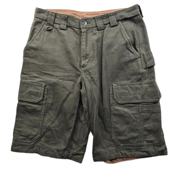 Duluth Trading Cargo Shorts Mens 34 Olive Green Cotton Canvas Fire Hose Work